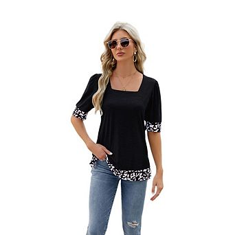 Womens T Shirts Loose Fit Short Sleeve Square Neck Color Block Summer Tops Y7K Fashion