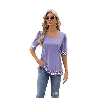 Womens T Shirts Loose Fit Short Sleeve Square Neck Color Block Summer Tops Y7K Fashion