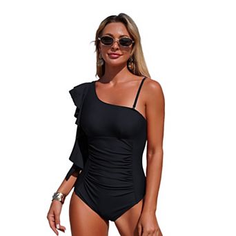 Women's One Piece Swimsuit One Shoulder with Ruffles Pleated Bathing Suits Solid Color Swimwear