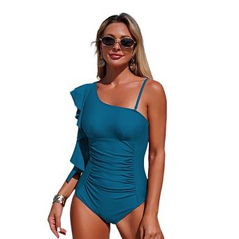 Women's One Piece Swimsuit One Shoulder with Ruffles Pleated Bathing Suits Solid Color Swimwear