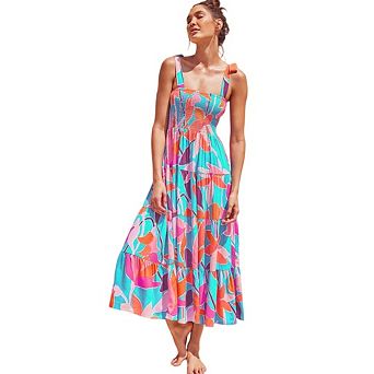 Women's Boho Spaghetti Strap Square Neck Ruffle A-Line Floral Beach Swing Party Maxi Dress