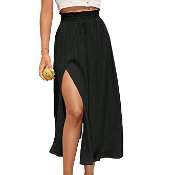 Women's High Waist Split Maxi Skirts Casual Elastic Waist A Line Long Skirts