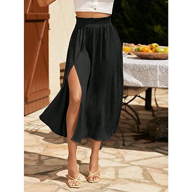 Women's High Waist Split Maxi Skirts Casual Elastic Waist A Line Long Skirts