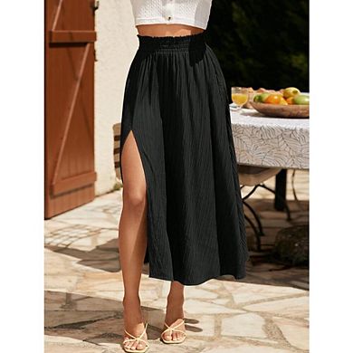 Women's High Waist Split Maxi Skirts Casual Elastic Waist A Line Long Skirts