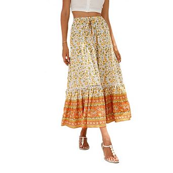 Womens Boho Midi Print Skirt Summer Cruise Casual High Waist Tie Flowy Beach Vacation