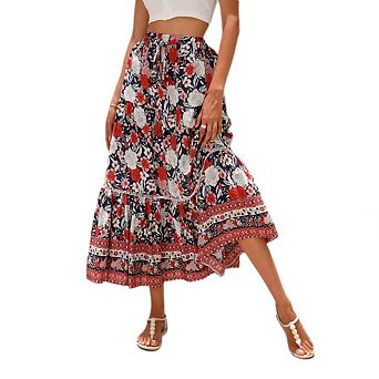Womens Boho Midi Print Skirt Summer Cruise Casual High Waist Tie Flowy Beach Vacation