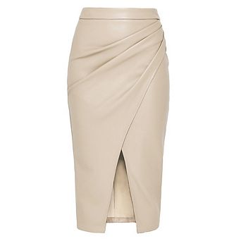 Women's Faux Leather Midi Skirt with Ruched Detail and Side Slit
