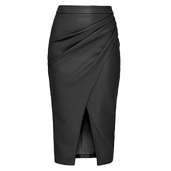 Women's Faux Leather Midi Skirt with Ruched Detail and Side Slit