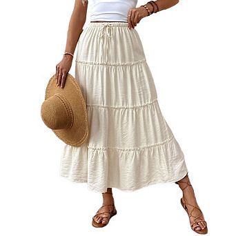 Women's High Waist Tiered Maxi Skirts Casual Drawstring Waist A Line Long Skirts