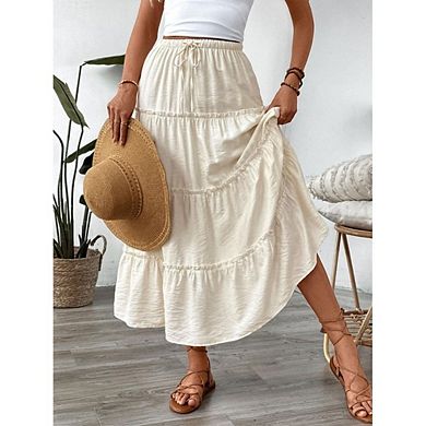 Women's High Waist Tiered Maxi Skirts Casual Drawstring Waist A Line Long Skirts