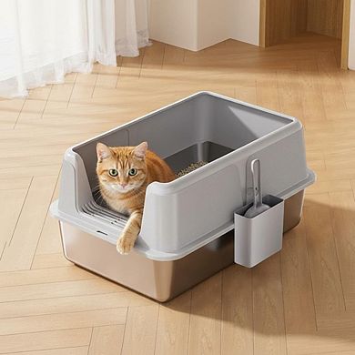 Stainless Steel Non-Stick Litter Box w/Lid, High Sided, Anti-Leak, Easy Clean, for Big Cats & Rabbit