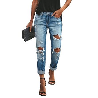 Women's Distressed Ripped Jeans Casual Stretch Denim Pants Relaxed Fit Boyfriend Jeans