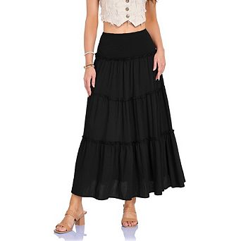 Women's Smocked Waist Tiered Maxi Skirt Casual Ruffle Flowy Boho Skirt