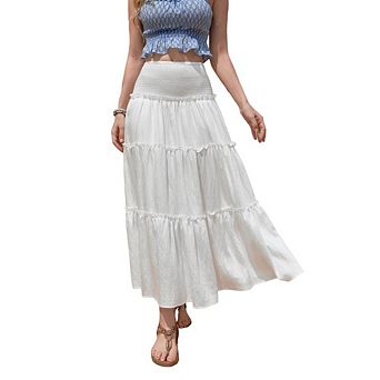 Women's Smocked Waist Tiered Maxi Skirt Casual Ruffle Flowy Boho Skirt