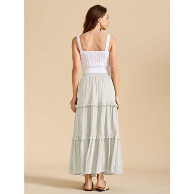 Women's Drawstring Waist Tiered Maxi Skirt Casual Ruffle Flowy A Line Skirt