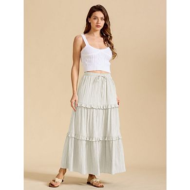 Women's Drawstring Waist Tiered Maxi Skirt Casual Ruffle Flowy A Line Skirt