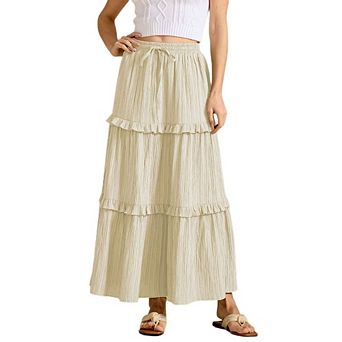 Women's Drawstring Waist Tiered Maxi Skirt Casual Ruffle Flowy A Line Skirt
