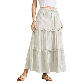 Women's Drawstring Waist Tiered Maxi Skirt Casual Ruffle Flowy A Line Skirt