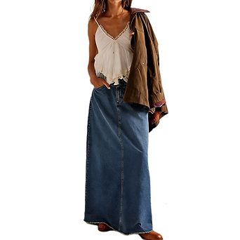 Women's High Waist Frayed Hem Denim Maxi Skirt Casual A Line Long Skirt with Pockets