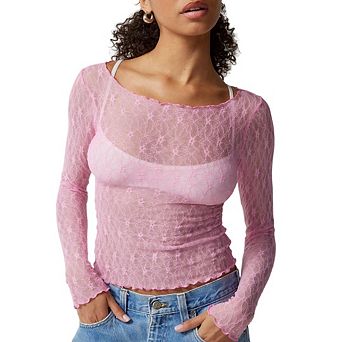 Women's Mesh Sheer Long Sleeve Tee Shirts Bodycon See Through Tops
