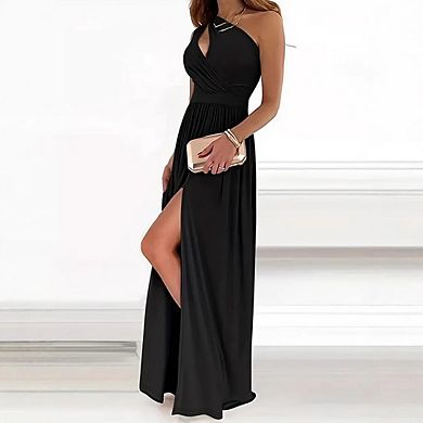 Women's One Shoulder Cutout Pleated Maxi Dress Sleeveless High Slit Solid Color Formal Dresses