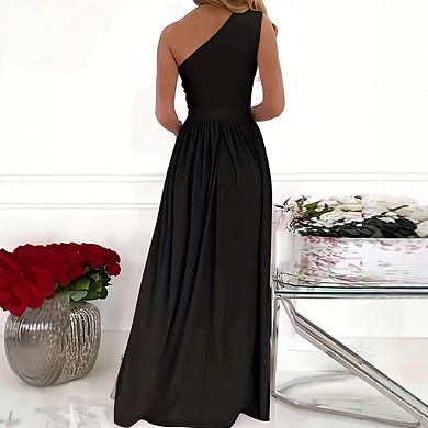 Women's One Shoulder Cutout Pleated Maxi Dress Sleeveless High Slit Solid Color Formal Dresses