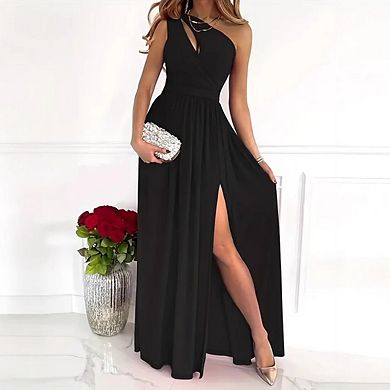 Women's One Shoulder Cutout Pleated Maxi Dress Sleeveless High Slit Solid Color Formal Dresses