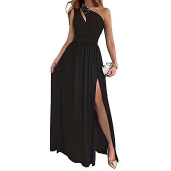 Women's One Shoulder Cutout Pleated Maxi Dress Sleeveless High Slit Solid Color Formal Dresses