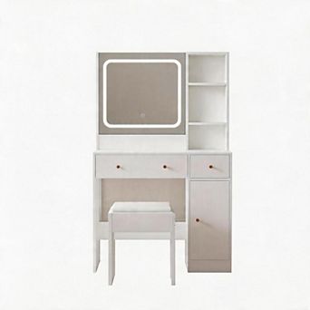 Vanity Desk with LED Mirror, Power, Drawers, Shelves, Cabinet & Stool