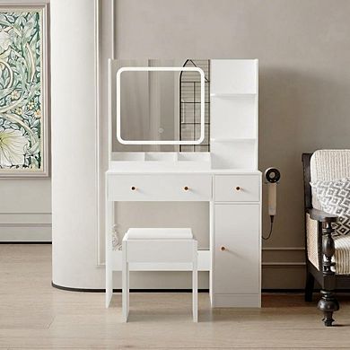 Vanity Desk with LED Mirror, Power, Drawers, Shelves, Cabinet & Stool