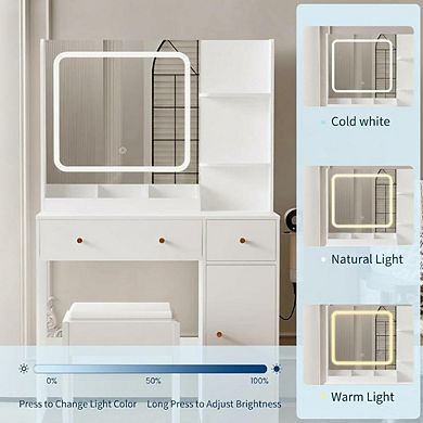 Vanity Desk with LED Mirror, Power, Drawers, Shelves, Cabinet & Stool