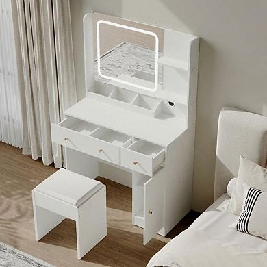 Vanity Desk with LED Mirror, Power, Drawers, Shelves, Cabinet & Stool