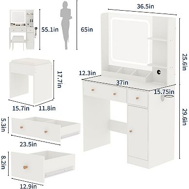 Vanity Desk with LED Mirror, Power, Drawers, Shelves, Cabinet & Stool