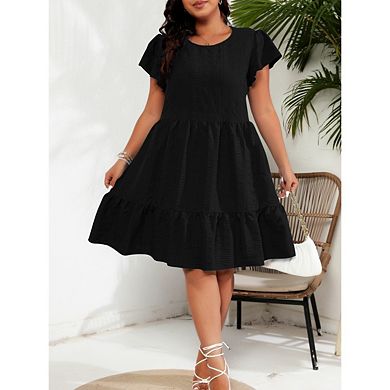 Women's Plus Size Round Neck Ruffle Sleeve Dresses Solid Color Vacation Casual Dress