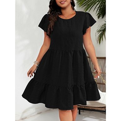 Women's Plus Size Round Neck Ruffle Sleeve Dresses Solid Color Vacation Casual Dress