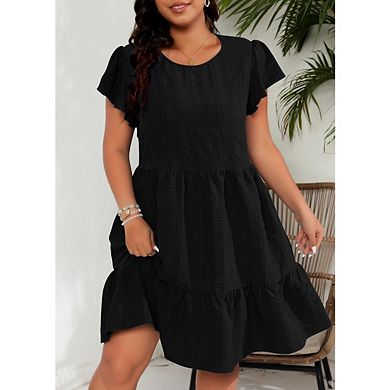 Women's Plus Size Round Neck Ruffle Sleeve Dresses Solid Color Vacation Casual Dress