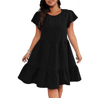 Women's Plus Size Round Neck Ruffle Sleeve Dresses Solid Color Vacation Casual Dress