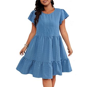 Women's Plus Size Round Neck Ruffle Sleeve Dresses Solid Color Vacation Casual Dress