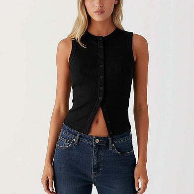 Seoria Button Front Ribbed Sleeveless Vest Crop Layering Top