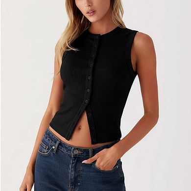 Seoria Button Front Ribbed Sleeveless Vest Crop Layering Top