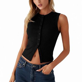 Seoria Button Front Ribbed Sleeveless Vest Crop Layering Top