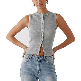 Seoria Button Front Ribbed Sleeveless Vest Crop Layering Top