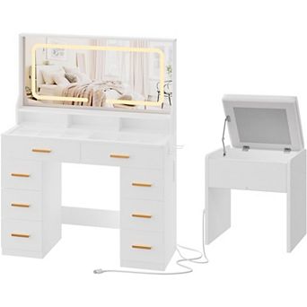 Vanity Set with Lighted Mirror, Glass Top, 8 Drawers, 3 Shelves & Power Outlet