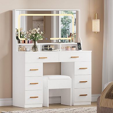Vanity Set with Lighted Mirror, Glass Top, 8 Drawers, 3 Shelves & Power Outlet