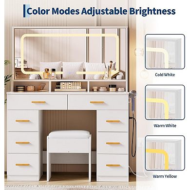 Vanity Set with Lighted Mirror, Glass Top, 8 Drawers, 3 Shelves & Power Outlet