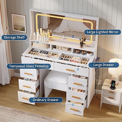 Vanity Set with Lighted Mirror, Glass Top, 8 Drawers, 3 Shelves & Power Outlet