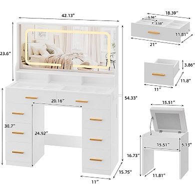 Vanity Set with Lighted Mirror, Glass Top, 8 Drawers, 3 Shelves & Power Outlet