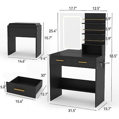 Vanity Set with Adjustable LED Lights, Drawers, Shelves & Charging
