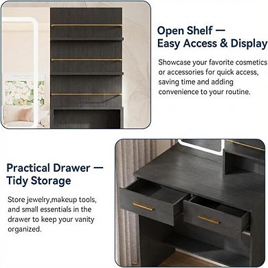 Vanity Set with Adjustable LED Lights, Drawers, Shelves & Charging