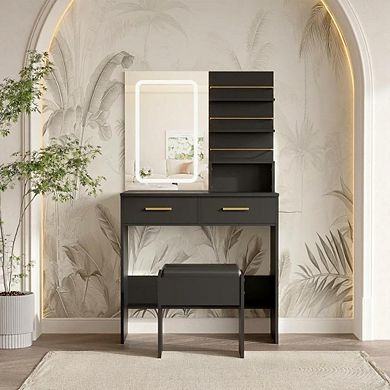 Vanity Set with Adjustable LED Lights, Drawers, Shelves & Charging